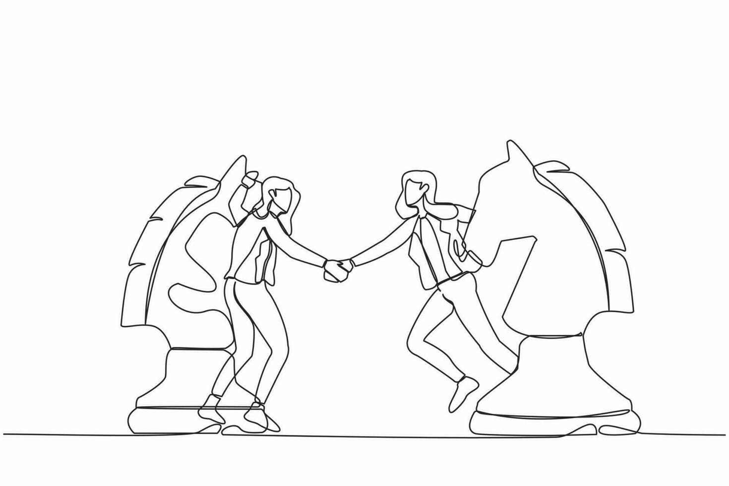 Single continuous line drawing businesswoman competitors standing on horse chess piece, handshaking after finish agreement. Partnership instead of confrontation in competition. One line design vector