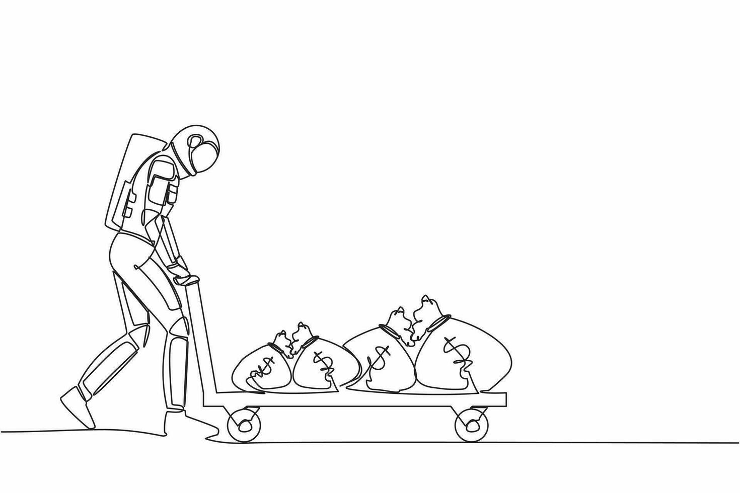 Continuous one line drawing astronaut push wheelbarrow with money bags in moon surface. Reward or profit after space exploration. Cosmonaut outer space. Single line graphic design vector illustration