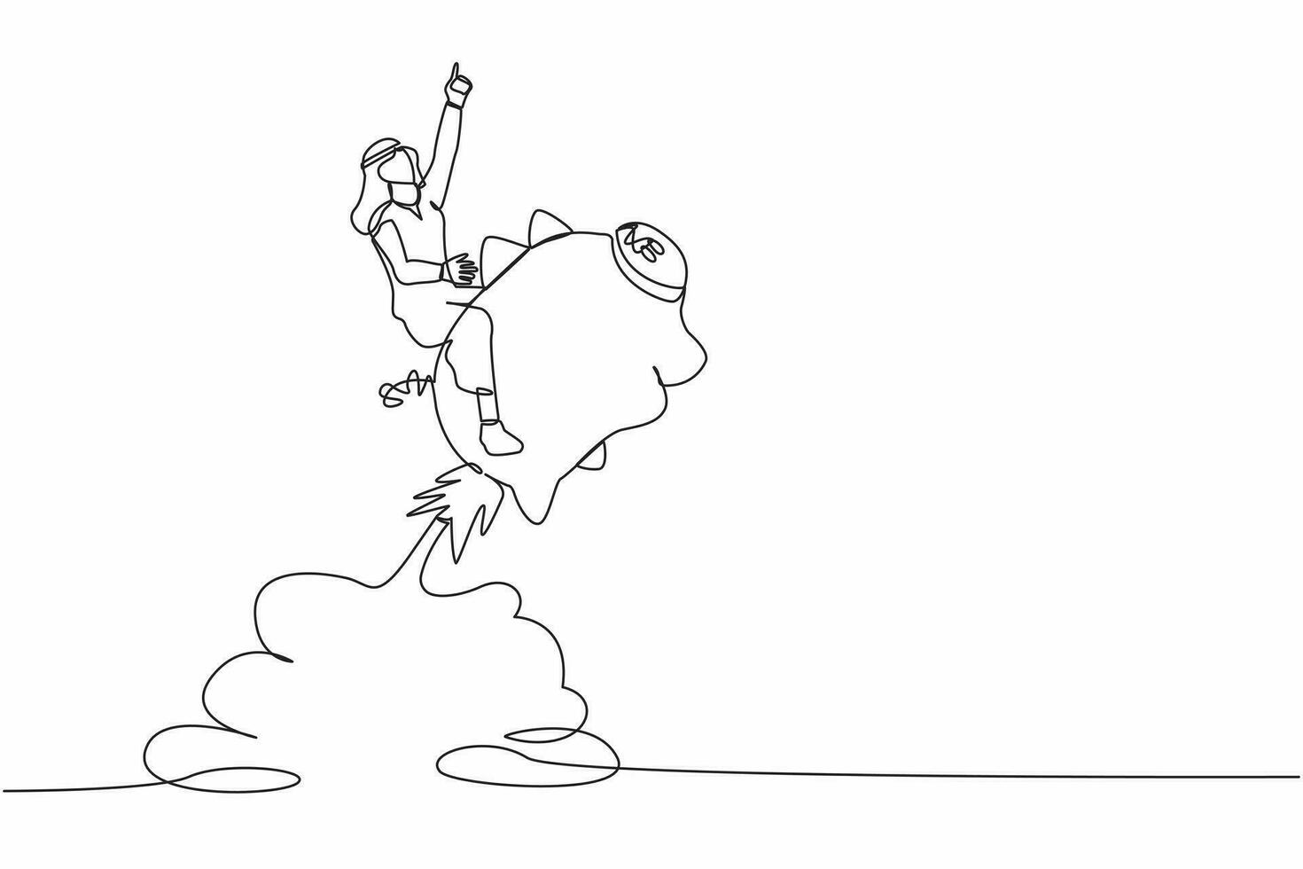 Continuous one line drawing smart Arabian businessman riding piggy bank rocket flying in the sky. Saving money, financial planning from economic crisis. Single line graphic design vector illustration