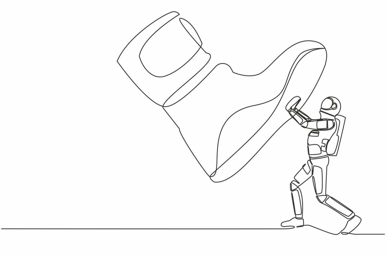 Single one line drawing young astronaut against giant shoes stomping. Spaceman push against giant foot step. Science development. Cosmic galaxy space. Continuous line draw design vector illustration