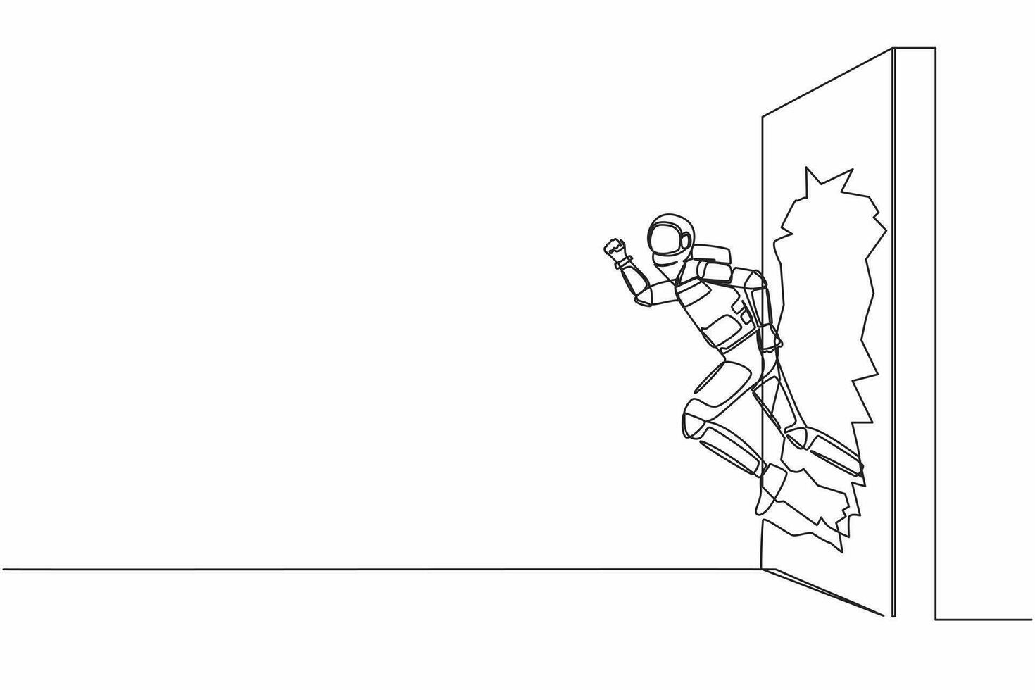 Single continuous line drawing young astronaut run and breaking through brick wall in moon surface. Future spaceship tech development. Cosmonaut deep space. One line graphic design vector illustration