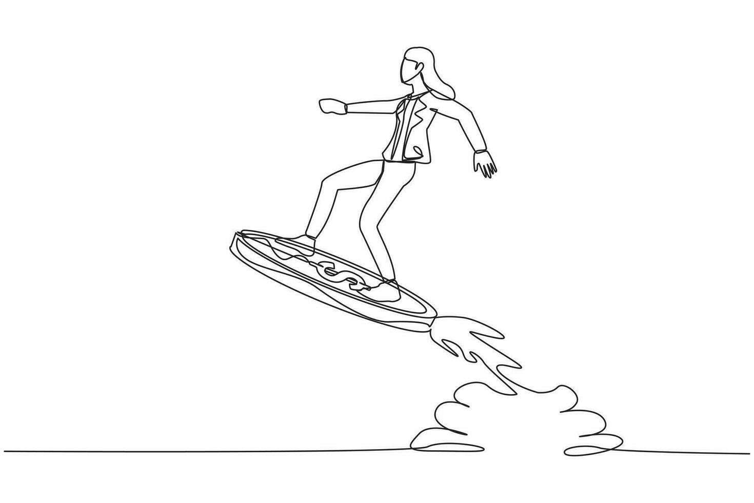 Continuous one line drawing businesswoman riding dollar coin rocket flying in sky. Financial planning for increase income, business opportunity to success. Single line draw design vector illustration
