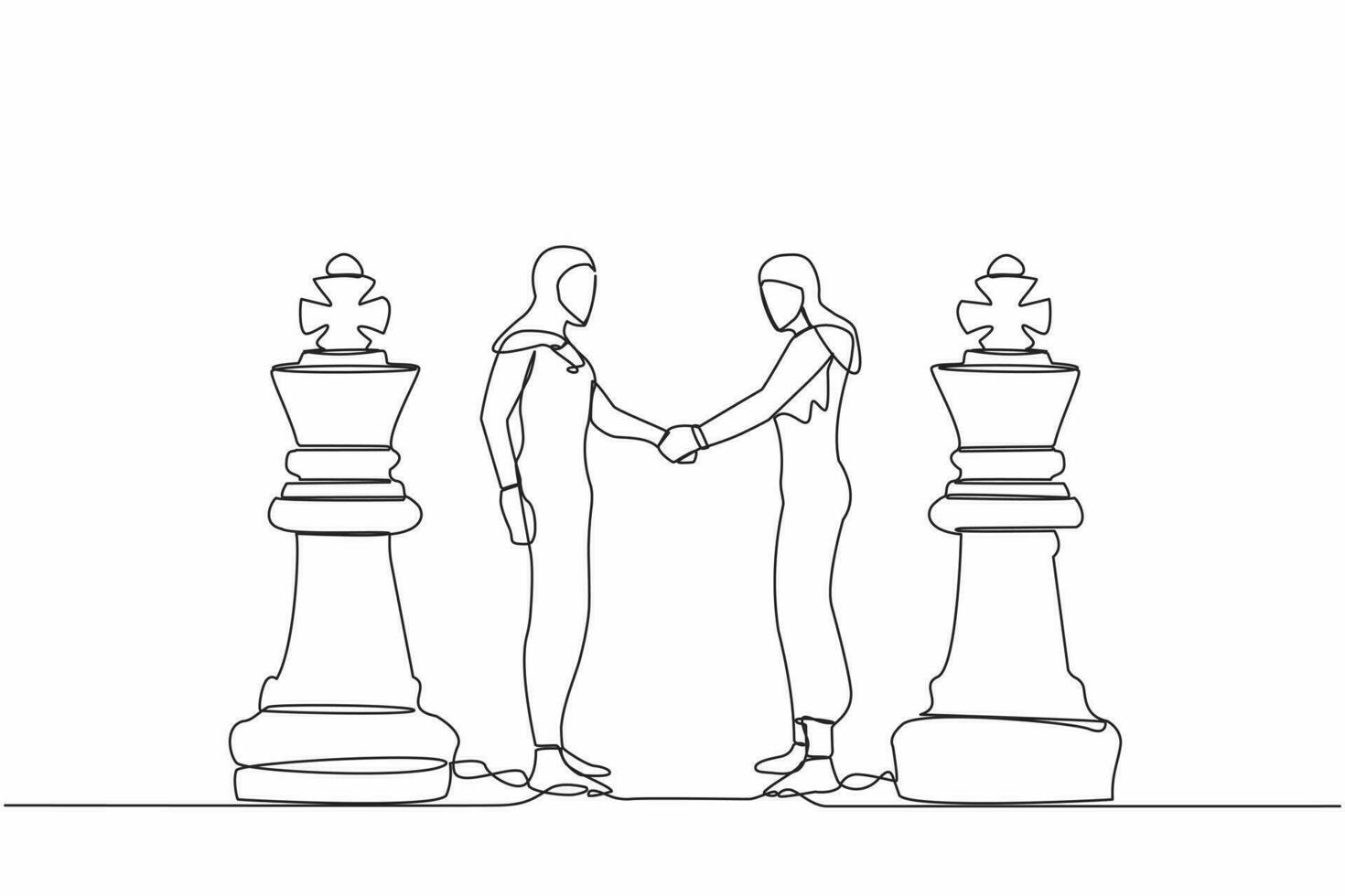 Single continuous line drawing two Arabian businesswomen shaking hands together while standing between of king chess pieces. Collaboration strategy to success together. One line graphic design vector