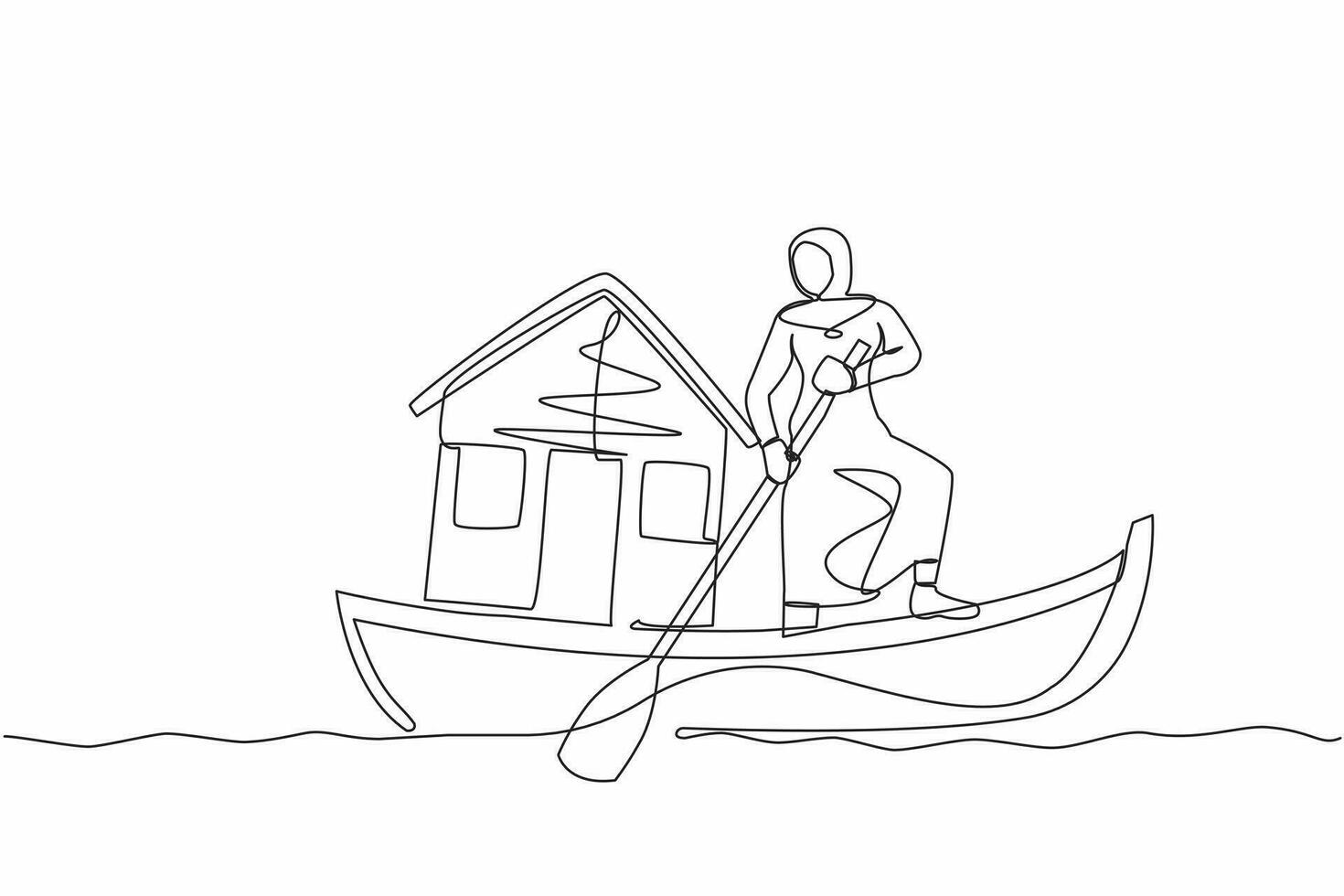 Single one line drawing Arab businesswoman standing in boat and sailing with house. Housing loan settlement. Banks provide home mortgage installments. Continuous line draw design vector illustration