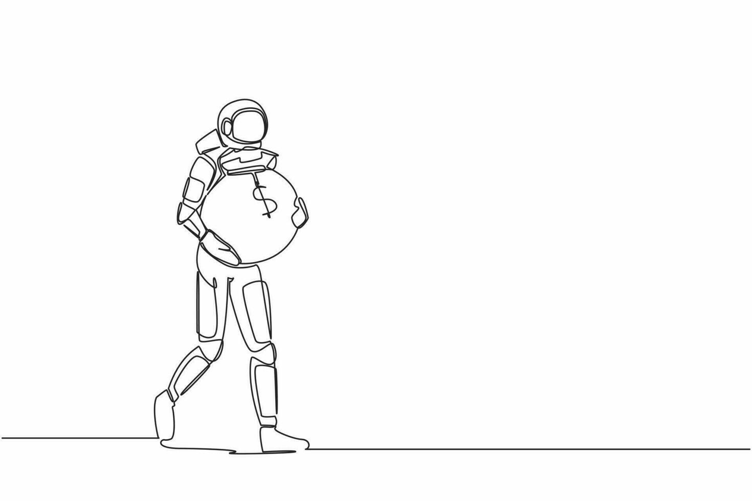 Single one line drawing of astronaut walking and carrying heavy money bag. Funding for future space technology development. Cosmic galaxy space. Continuous line draw graphic design vector illustration