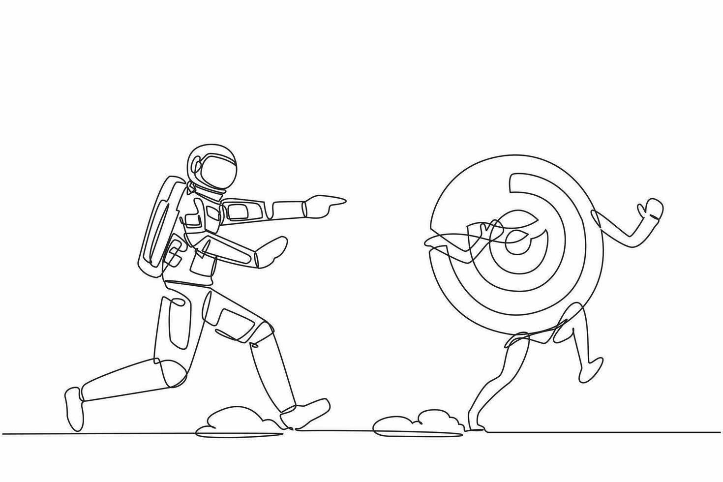 Continuous one line drawing young astronaut chase dartboard target in moon surface. Accuracy, precision planning for space missions. Cosmonaut outer space. Single line draw design vector illustration