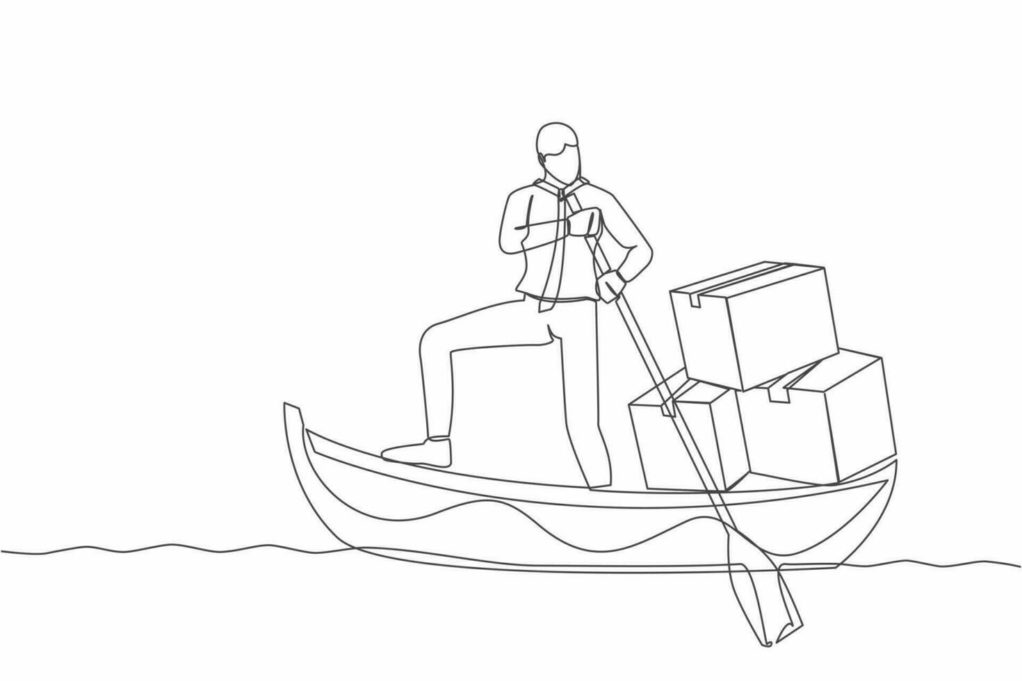 Single one line drawing of businessman standing in boat and sailing with pile of cardboard. Shipping through the ocean. Delivery and packaging. Continuous line draw design graphic vector illustration