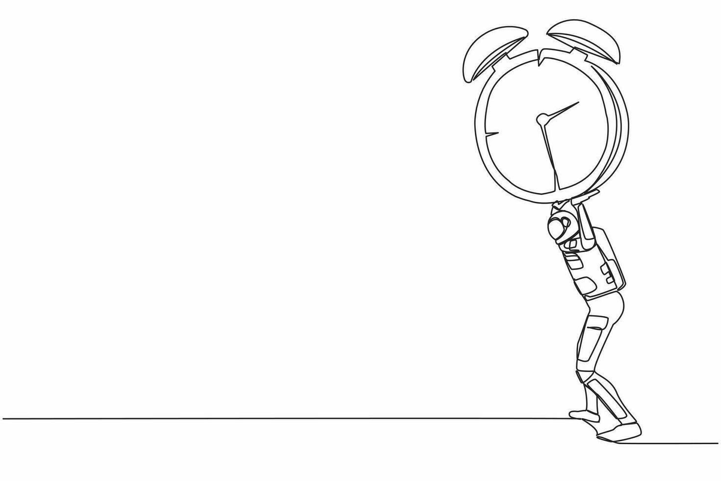 Single one line drawing young astronaut carrying heavy alarm clock on his back. Work pressure at spaceship project. Cosmic galaxy space concept. Continuous line draw design graphic vector illustration