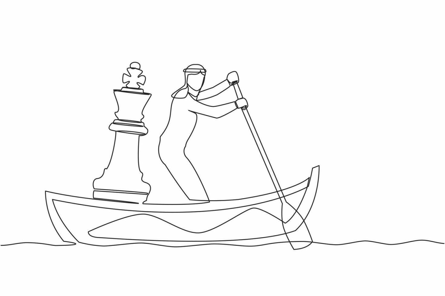 Single one line drawing Arab businessman sailing away on boat with chess king piece. Company strategy or tactical move to winning business competition. Continuous line draw design vector illustration