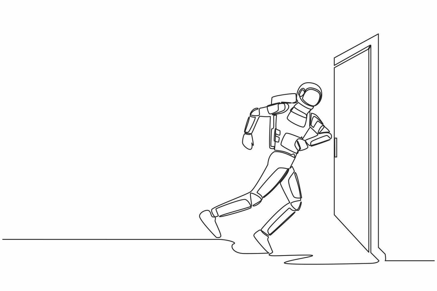 Single one line drawing young astronaut running wants to break down door. Spaceship expedition struggle. Strength for success. Cosmic galaxy space. Continuous line graphic design vector illustration