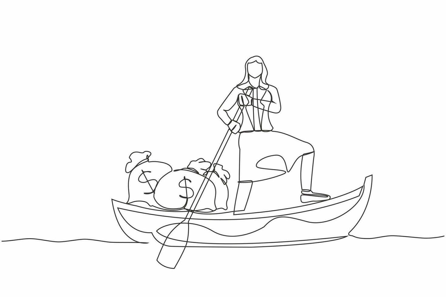 soltero uno línea dibujo de mujer de negocios navegación lejos en barco con dinero bolsa. oficina trabajador escapar con dinero. financiero éxito y lucro concepto. continuo línea diseño gráfico vector ilustración