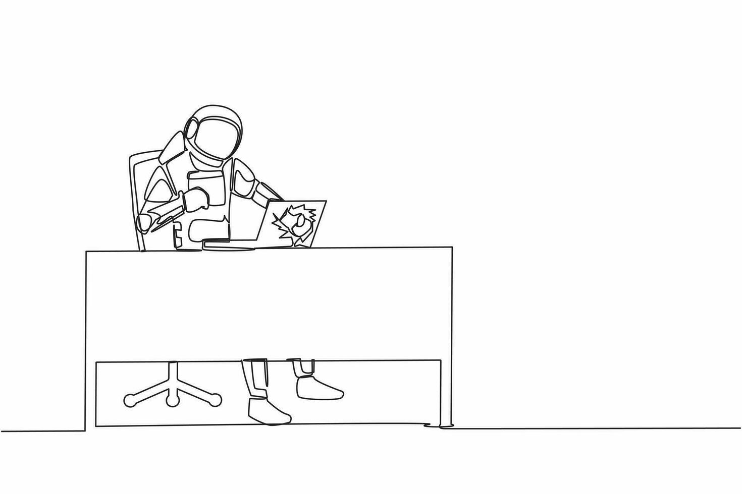 Single one line drawing of angry young astronaut breaks his laptop computer hitting it with clenched fist at working desk. Cosmic galaxy space. Continuous line draw graphic design vector illustration