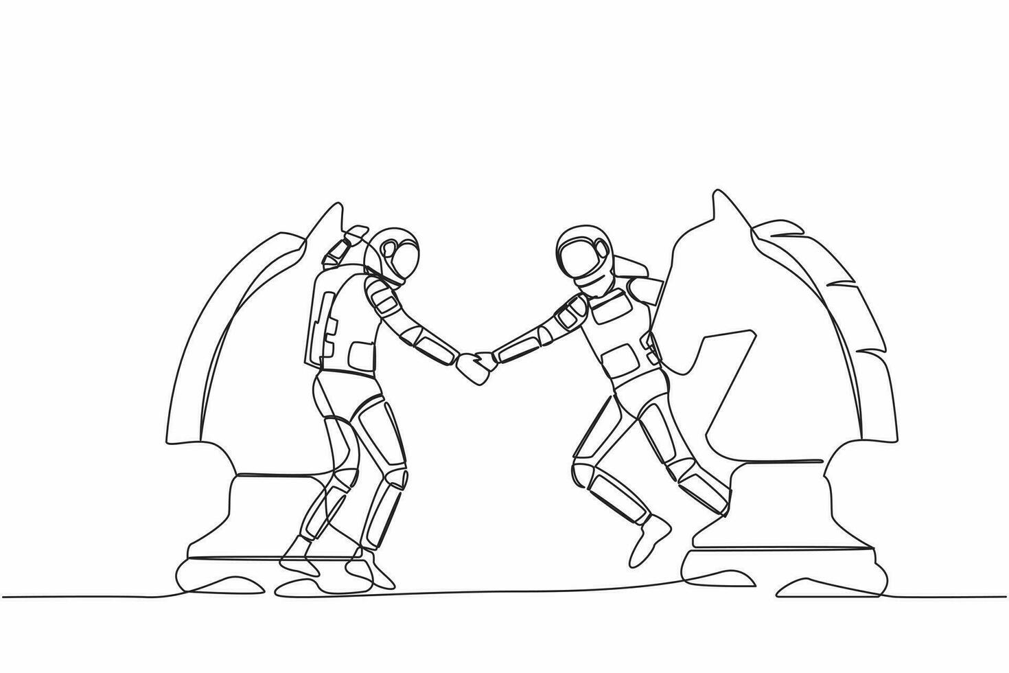 Single continuous line drawing of young astronaut competitors standing on horse chess piece, handshaking after finish agreement. Cosmonaut deep space. One line draw graphic design vector illustration