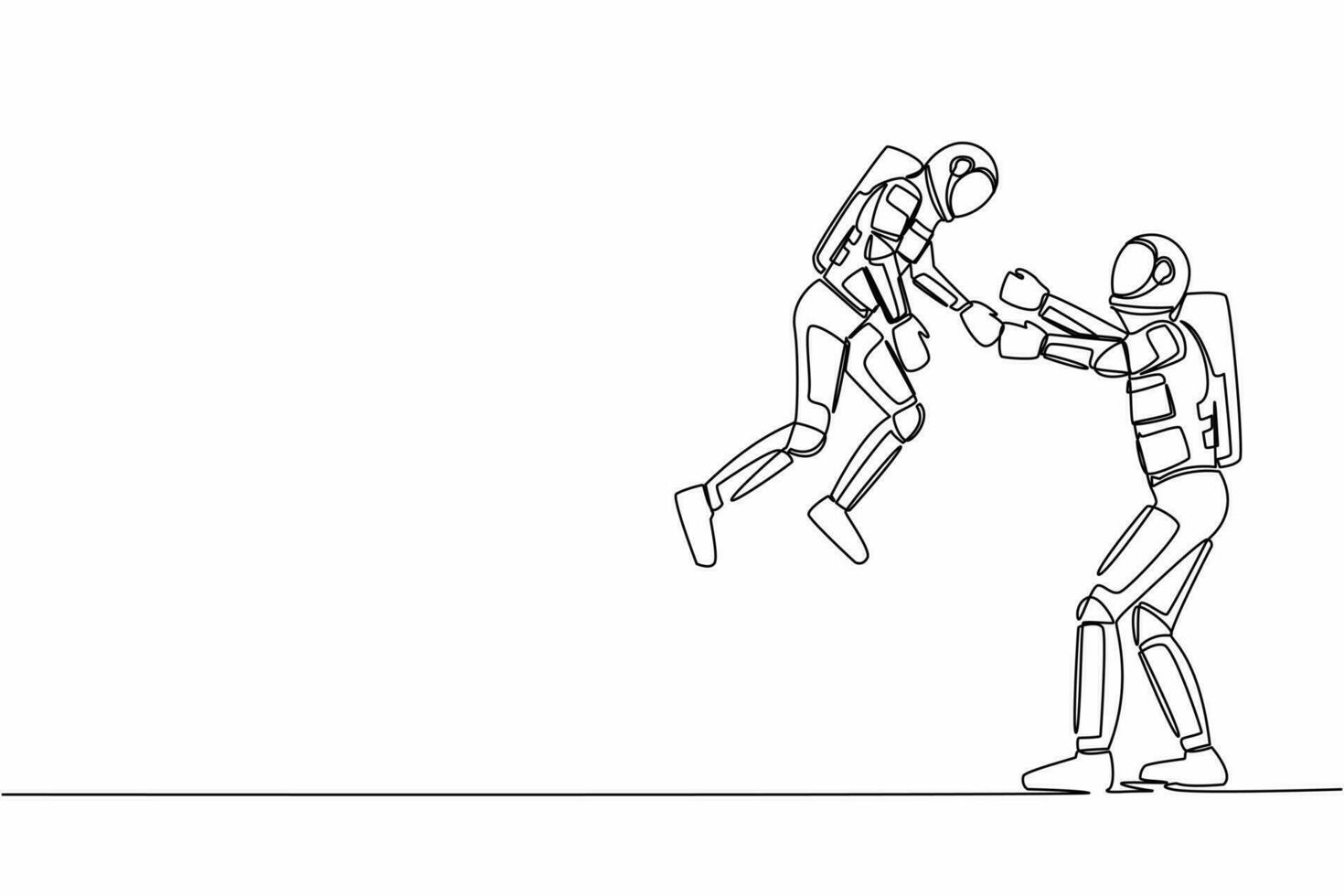 Single continuous line drawing happy dad astronaut carry and throw his son to the sky. Child's enjoy flying and play become spaceman. Cosmonaut deep space. One line graphic design vector illustration