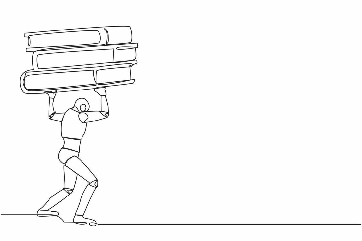 Continuous one line drawing tired robot carrying heavy pile paper folder on his back. Cyborg cannot cope with amount of work. Robot artificial intelligence. Single line draw design vector illustration