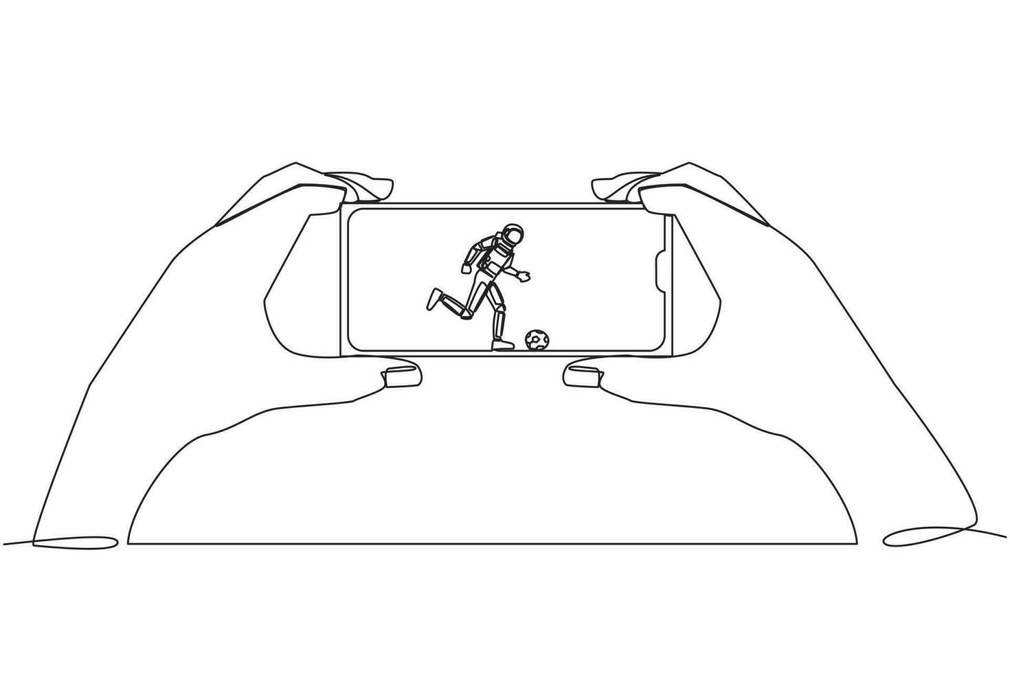 Continuous one line drawing football league live streaming on mobile phone. Man hand holding smartphone and watch spaceman football match. Cosmonaut outer space. Single line design vector illustration