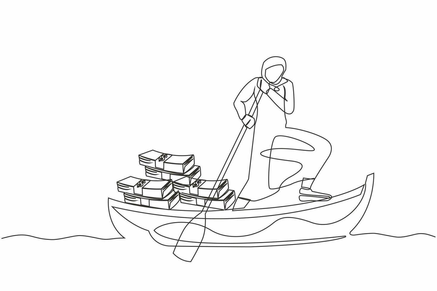 Continuous one line drawing Arab businesswoman standing in boat sailing with stack of paper money. Investment strategy. Financial planning at company. Single line design vector graphic illustration