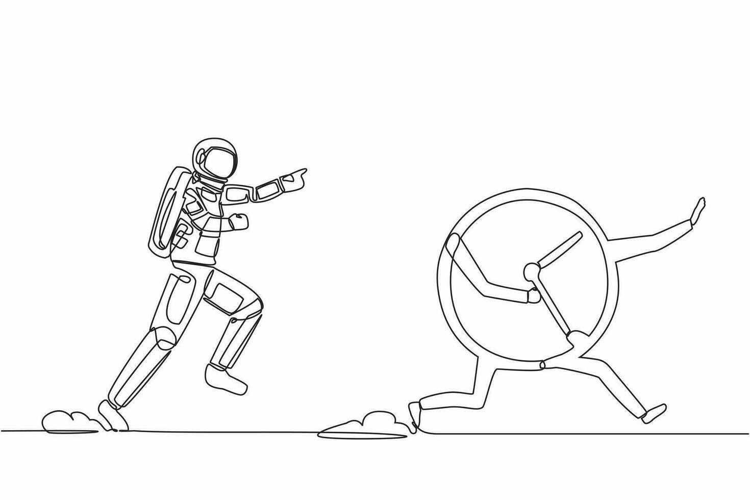 Single continuous line drawing of young astronaut run chase clock time in moon surface. Time management in space exploration. Cosmonaut deep space concept. One line design vector graphic illustration