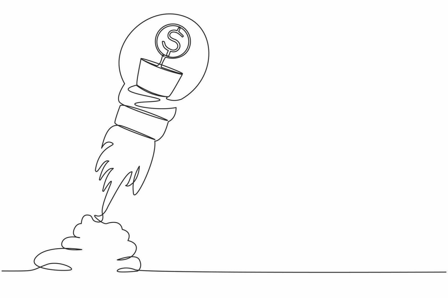 Continuous one line drawing pot of dollar coin plant launching with light bulb. Business profit investment, finance education, earning income development. Single line draw design vector illustration