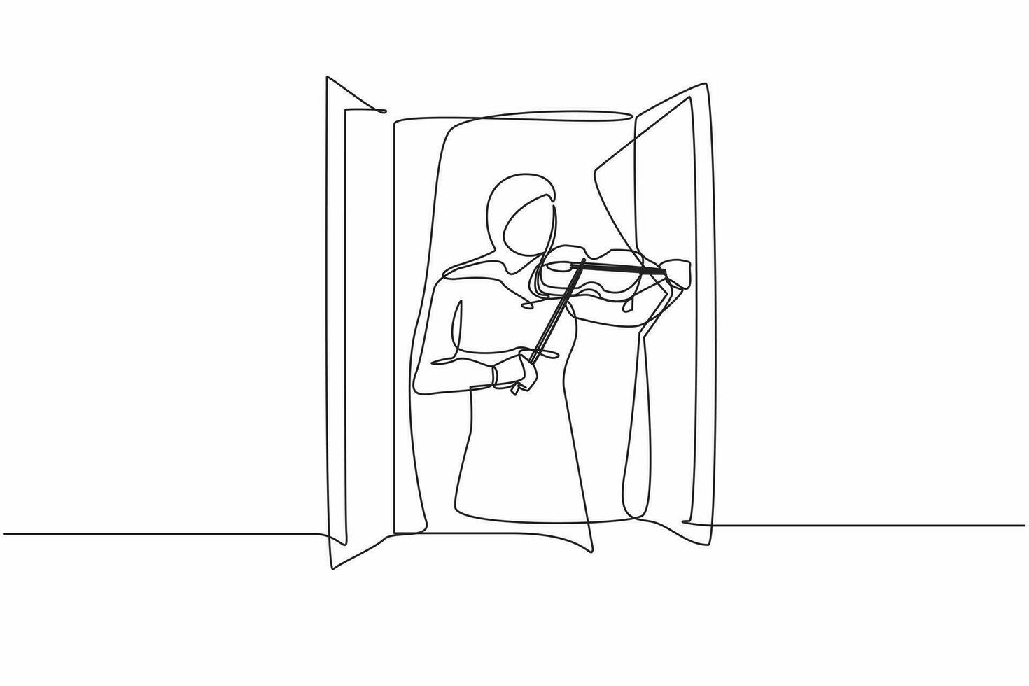 Continuous one line drawing Arab woman musician standing near window and playing violin. Female staying at home in self quarantine due to pandemic. Single line draw design vector graphic illustration