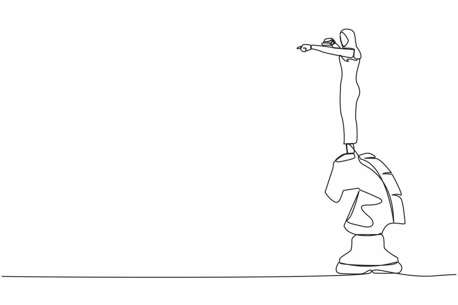 Single continuous line drawing visionary Arabian businesswoman on top of horse chess piece pointing and using binoculars, looking for success, business opportunity. One line design vector illustration