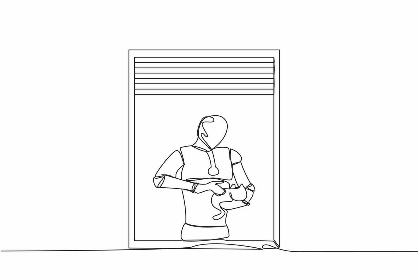 Single one line drawing of robot with plant holding cat and looking through window. Robotic artificial intelligence. Electronic technology industry. Continuous line design graphic vector illustration