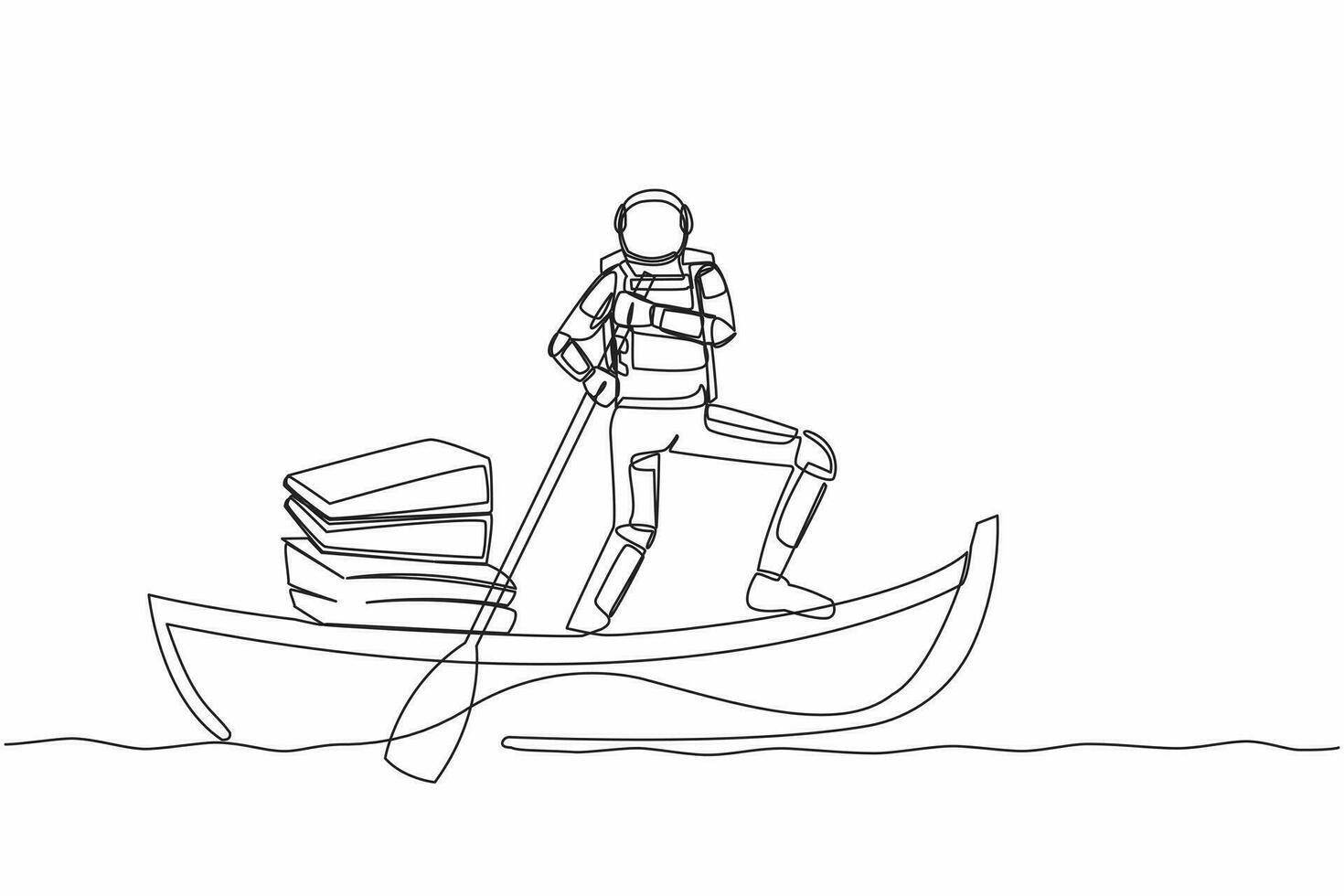 Continuous one line drawing young astronaut sailing away on boat with stack of papers. Manage digital document in spaceship company. Cosmonaut outer space. Single line draw design vector illustration