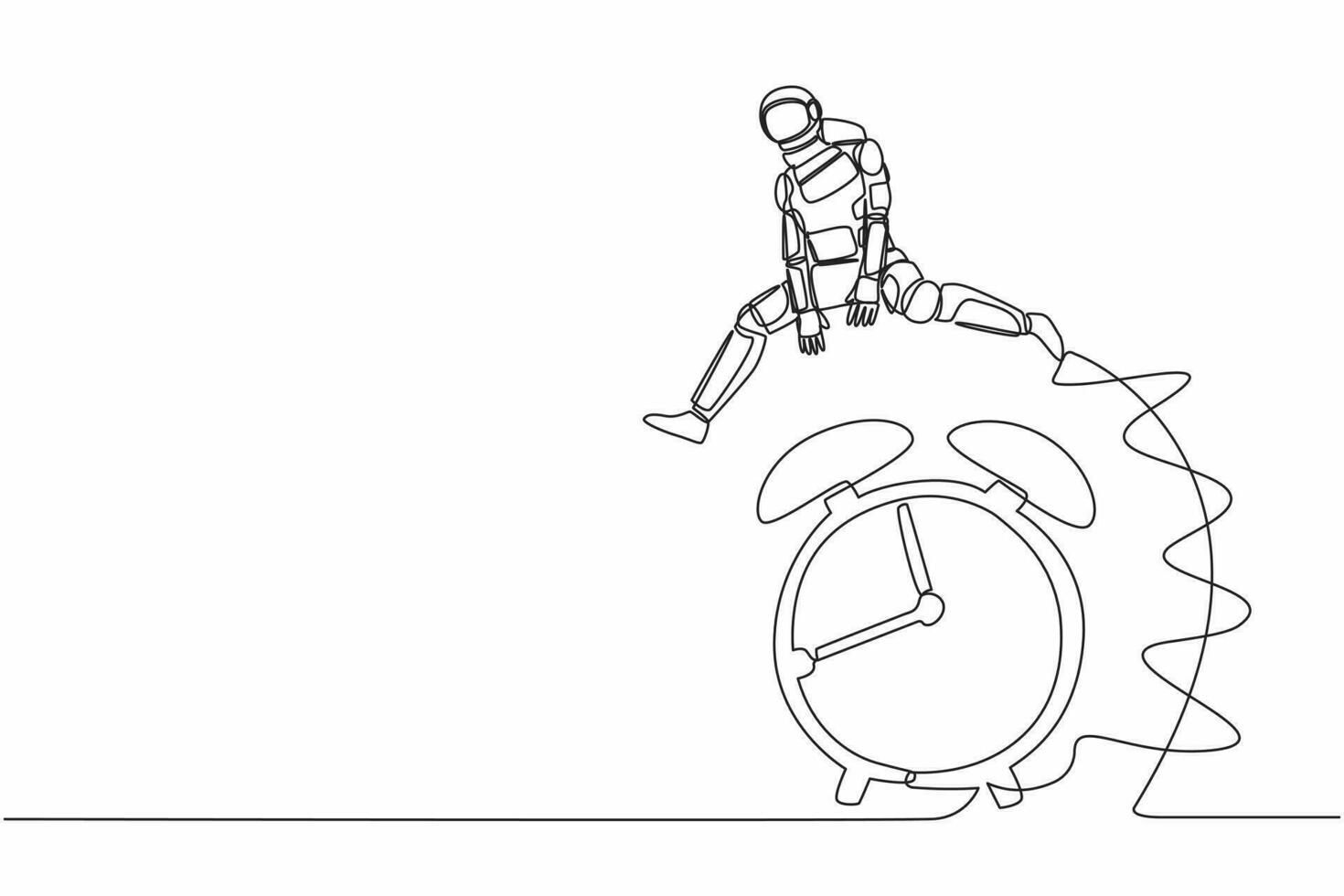 Continuous one line drawing young astronaut jumping over alarm clock. Spaceship expedition deadline, working time efficiency. Cosmonaut outer space. Single line draw graphic design vector illustration