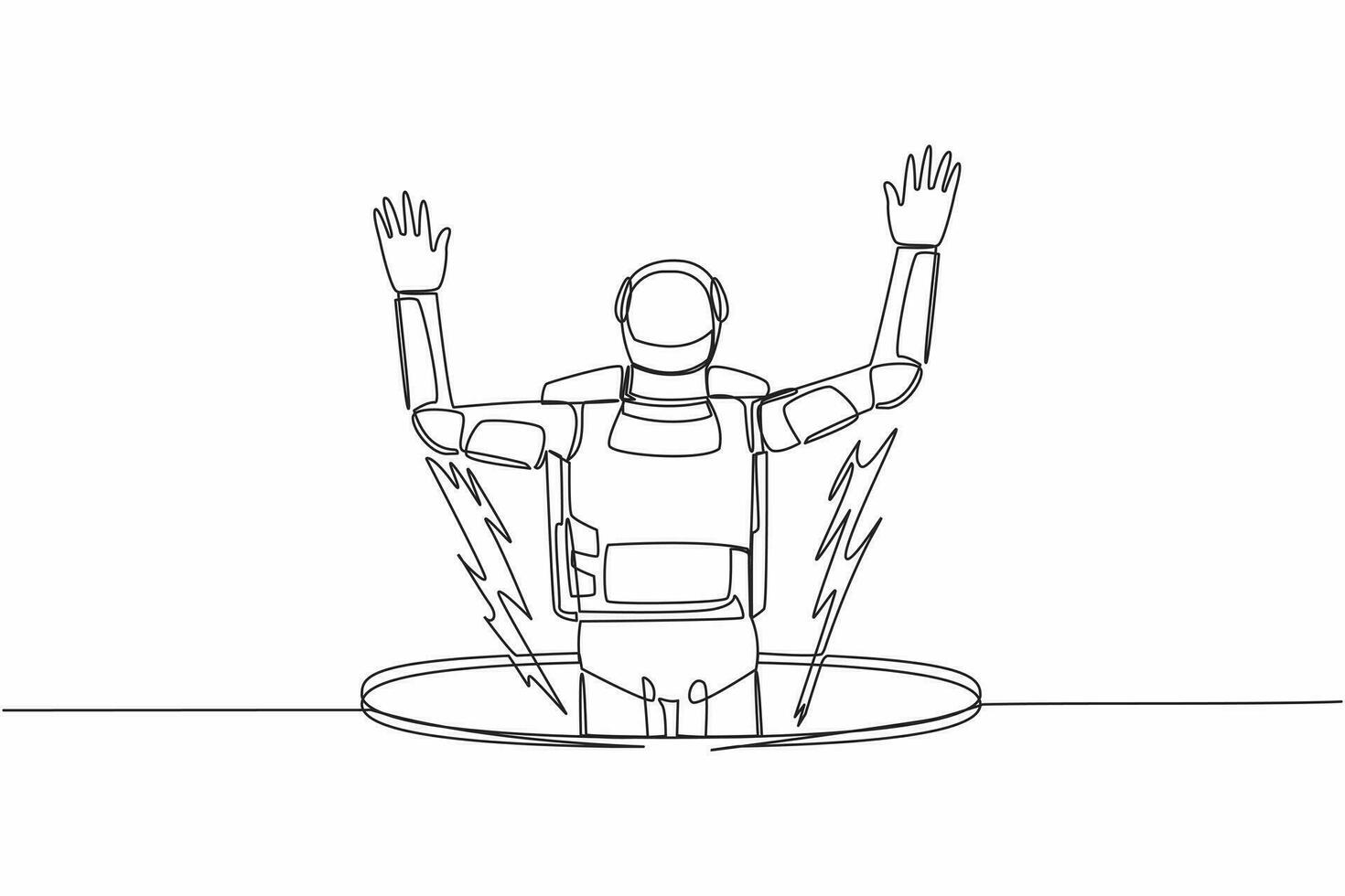 Single one line drawing young astronaut fell into manhole underground sewer. Spaceman fell sewer hatch. Space business failure. Cosmic galaxy space. Continuous line graphic design vector illustration