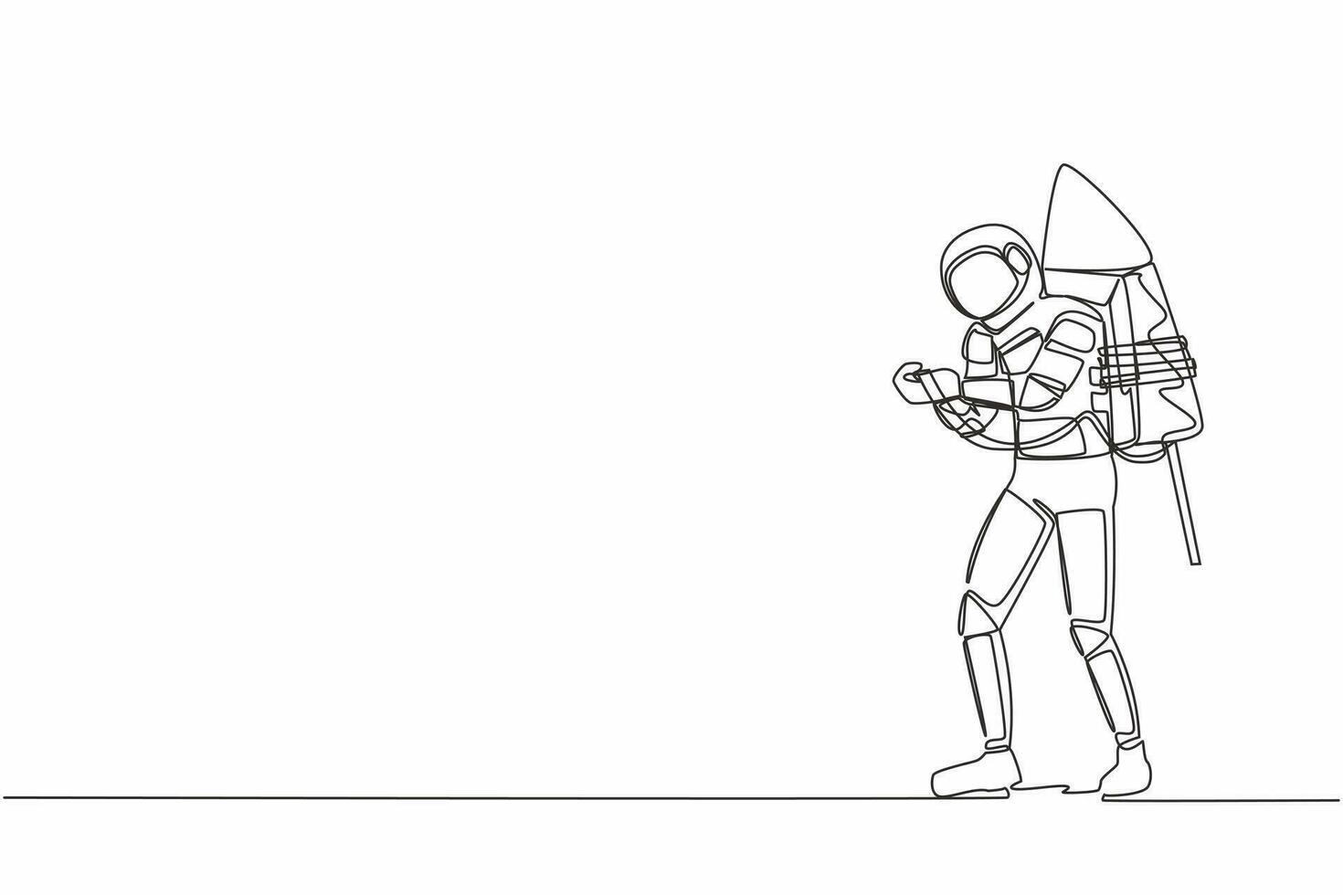 Single continuous line drawing astronaut ignites big fireworks rocket attached to his back in moon surface. Ready to space expedition. Cosmonaut deep space. One line design vector graphic illustration