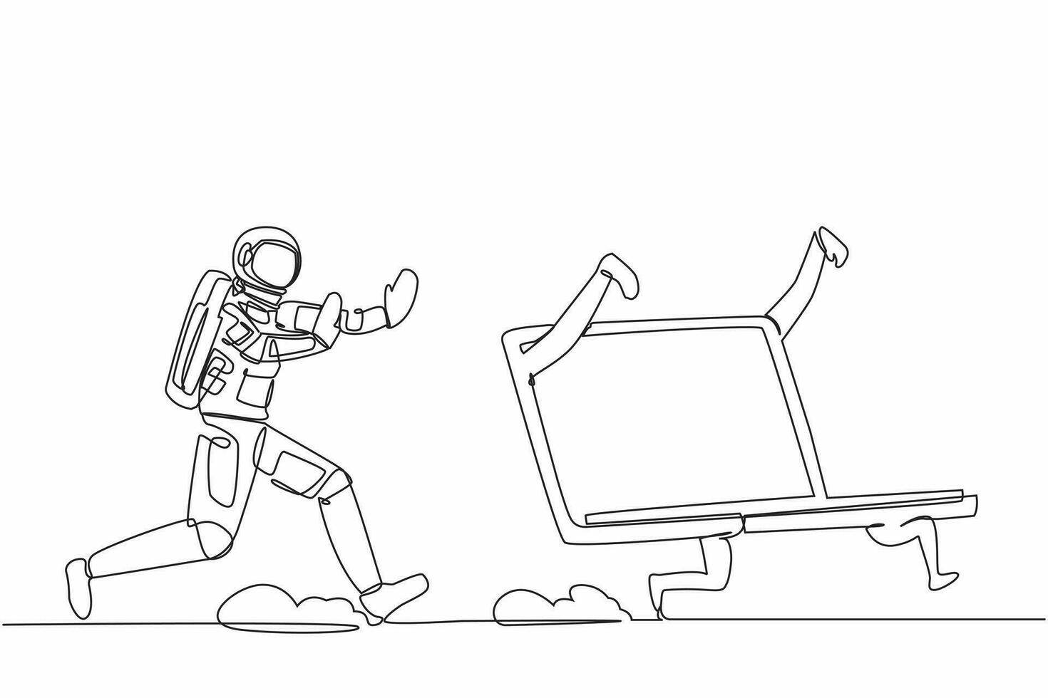 Single one line drawing of young astronaut chasing laptop computer in moon surface. Spaceship technology work planning. Cosmonaut deep space concept. Continuous line design graphic vector illustration