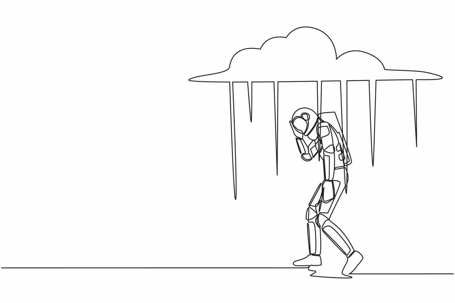 Continuous one line drawing young astronaut walking under rain cloud. Loneliness in overcast weather. Space company bankruptcy . Cosmonaut outer space. Single line graphic design vector illustration