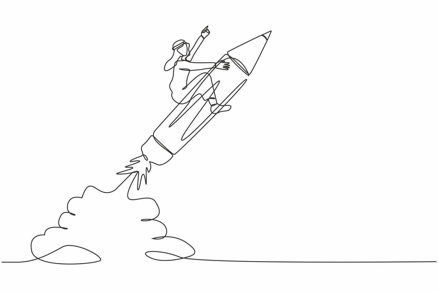 Single one line drawing young Arabian businessman riding pencil rocket flying in sky. Concept of education, creativity, imagination or creative freedom. Continuous line draw design vector illustration