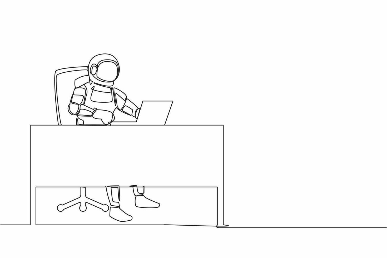 Continuous one line drawing astronaut typing and sending messages at working desk. Researching preparations for launching spacecraft. Cosmonaut outer space. Single line draw design vector illustration