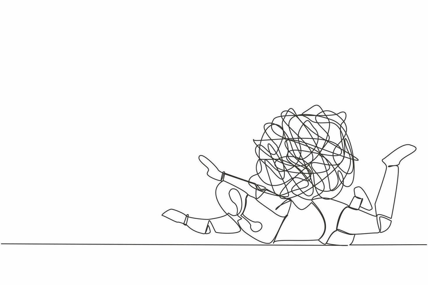 Single continuous line drawing stressed robot under heavy messy line burden. Anxiety from work difficulty, overload, economic crisis problem. Future technology development. One line draw design vector