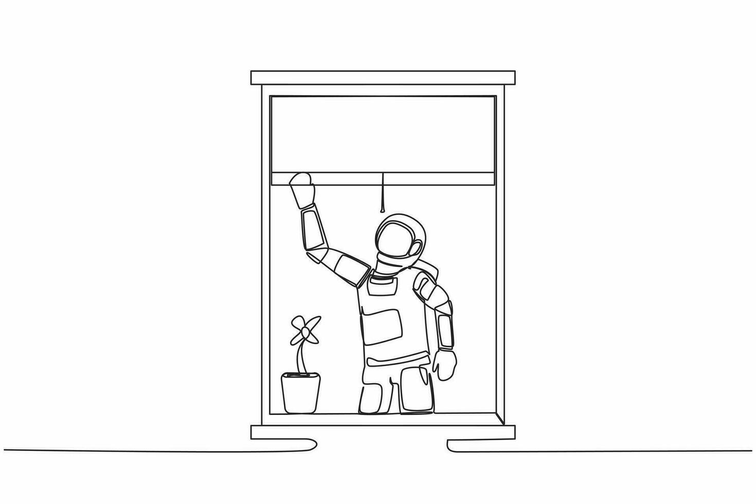 Single one line drawing young astronaut waving at window as look like to greet or invite friends to come in. Cosmic galaxy space concept. Modern continuous line draw design graphic vector illustration