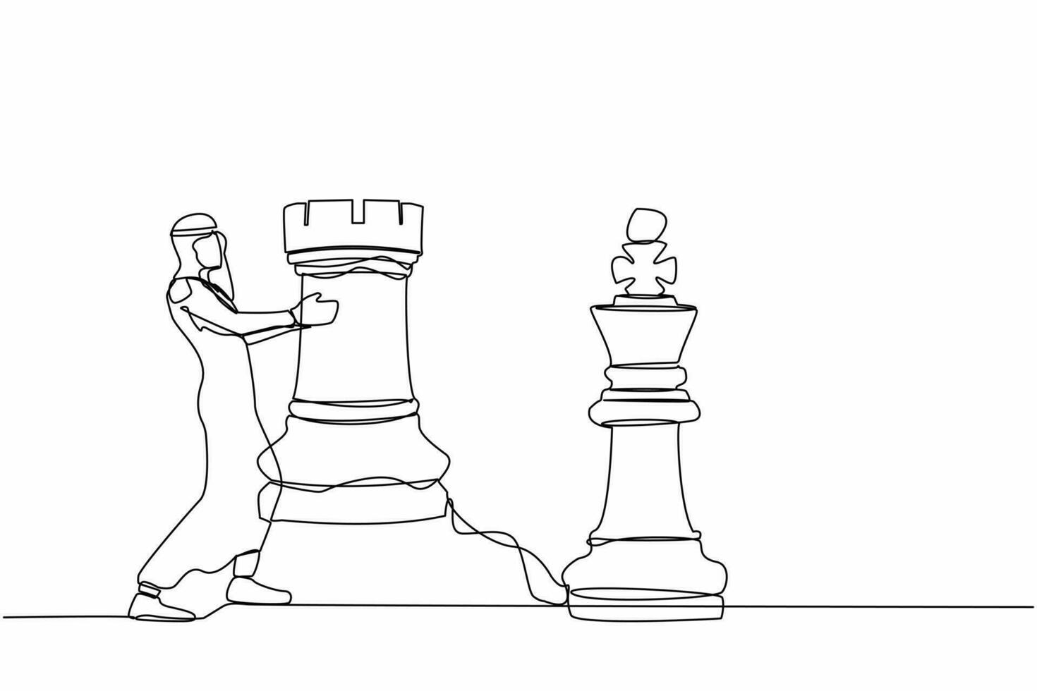 Single continuous line drawing Arab businessman holding rook chess piece. Strategic planning, business development game strategy, tactics in entrepreneurship. One line draw design vector illustration