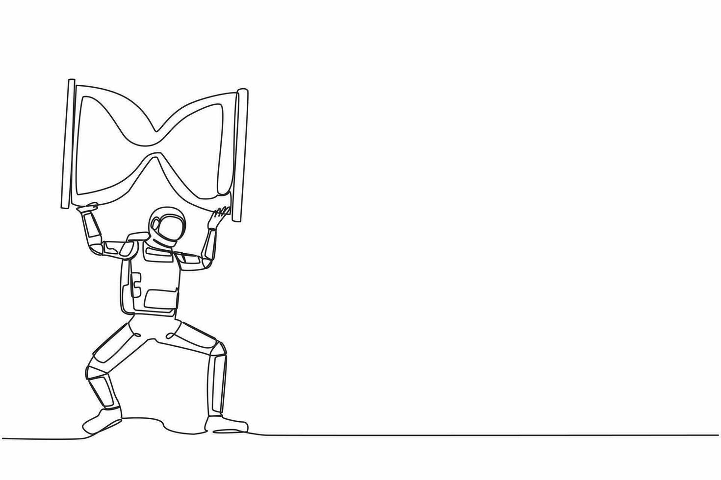 Single one line drawing young astronaut carrying heavy hourglass on his back. Spaceman with exploration deadline operation. Cosmic galaxy space. Continuous line draw design graphic vector illustration