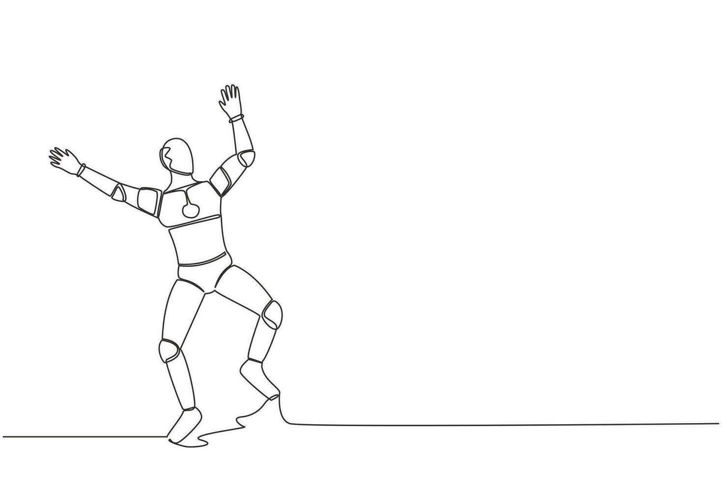 Continuous one line drawing happy robot jump with both hands raised. Successful in tech business project. Humanoid cybernetic organism. Future robotic. Single line graphic design vector illustration