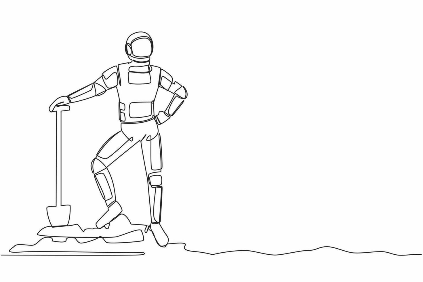 Single continuous line drawing of young astronaut standing and holding shovel on dug ground. Excited spaceman find treasures in dirt. Cosmonaut deep space. One line graphic design vector illustration