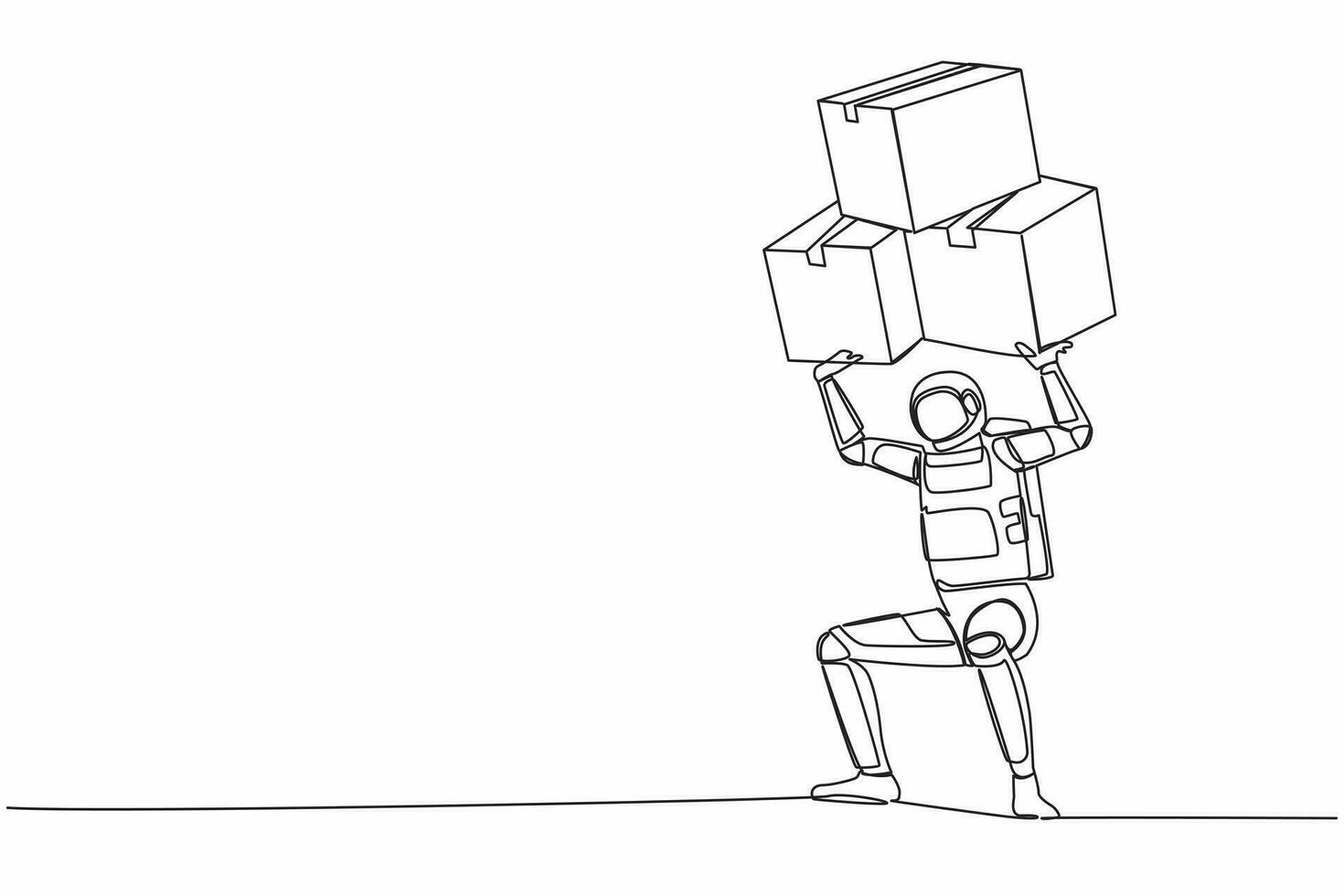 Continuous one line drawing young astronaut carrying heavy pile of box on his back. Overworked spaceman with stack of cardboard. Cosmonaut outer space. Single line graphic design vector illustration