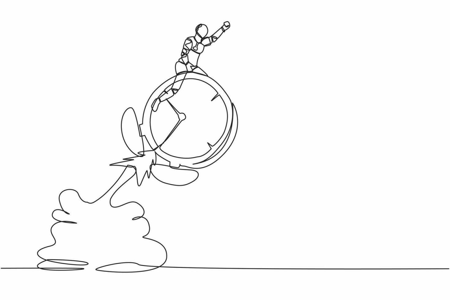 soltero uno línea dibujo robot montando alarma reloj cohete volador en el cielo. gestionar a terminar tecnología proyecto con fecha límite. robótico artificial inteligencia. continuo línea dibujar diseño vector ilustración