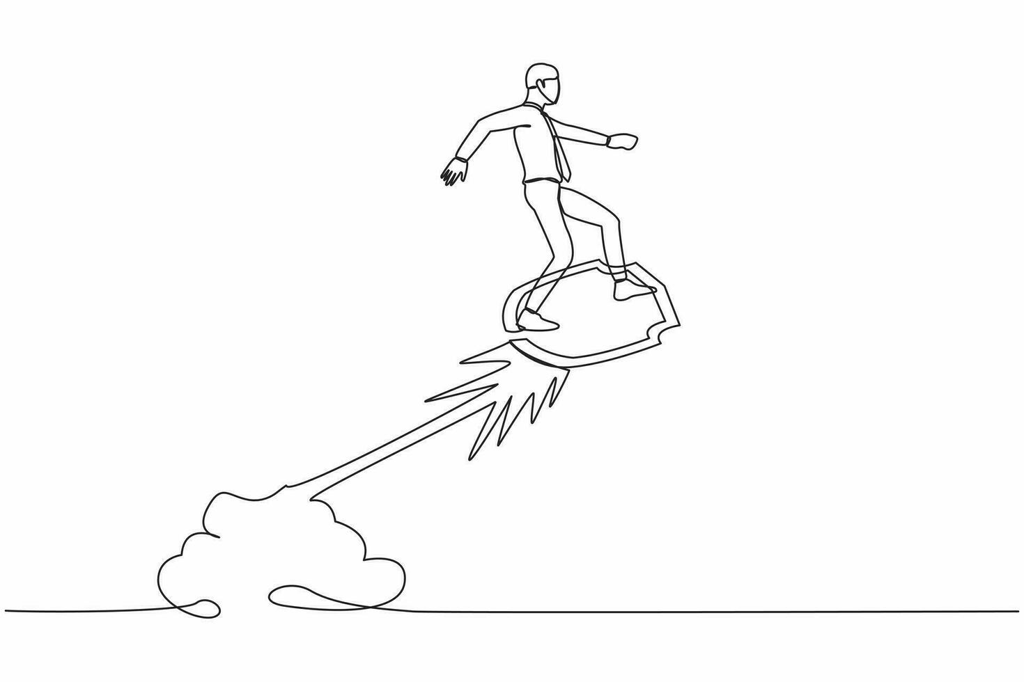 Continuous one line drawing of active businessman riding shield rocket flying in the sky. Business attack protection security and insurance concept. Single line draw design vector graphic illustration