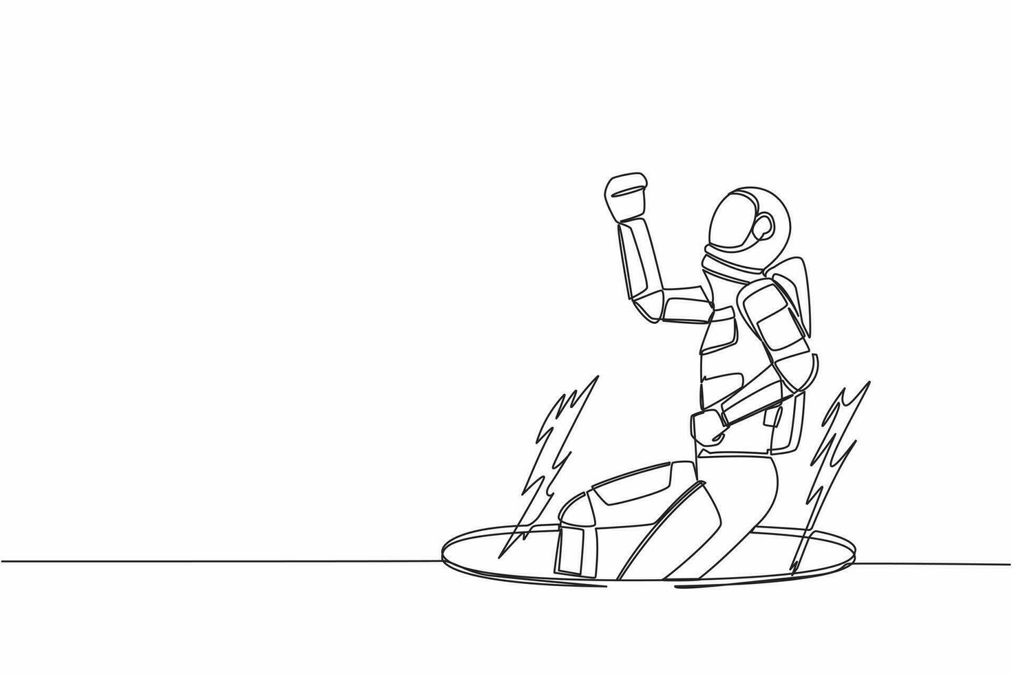 Single continuous line drawing young astronaut fell into manhole underground sewer. Spaceman fell into sewage. Space business failure. Cosmonaut deep space. One line graphic design vector illustration