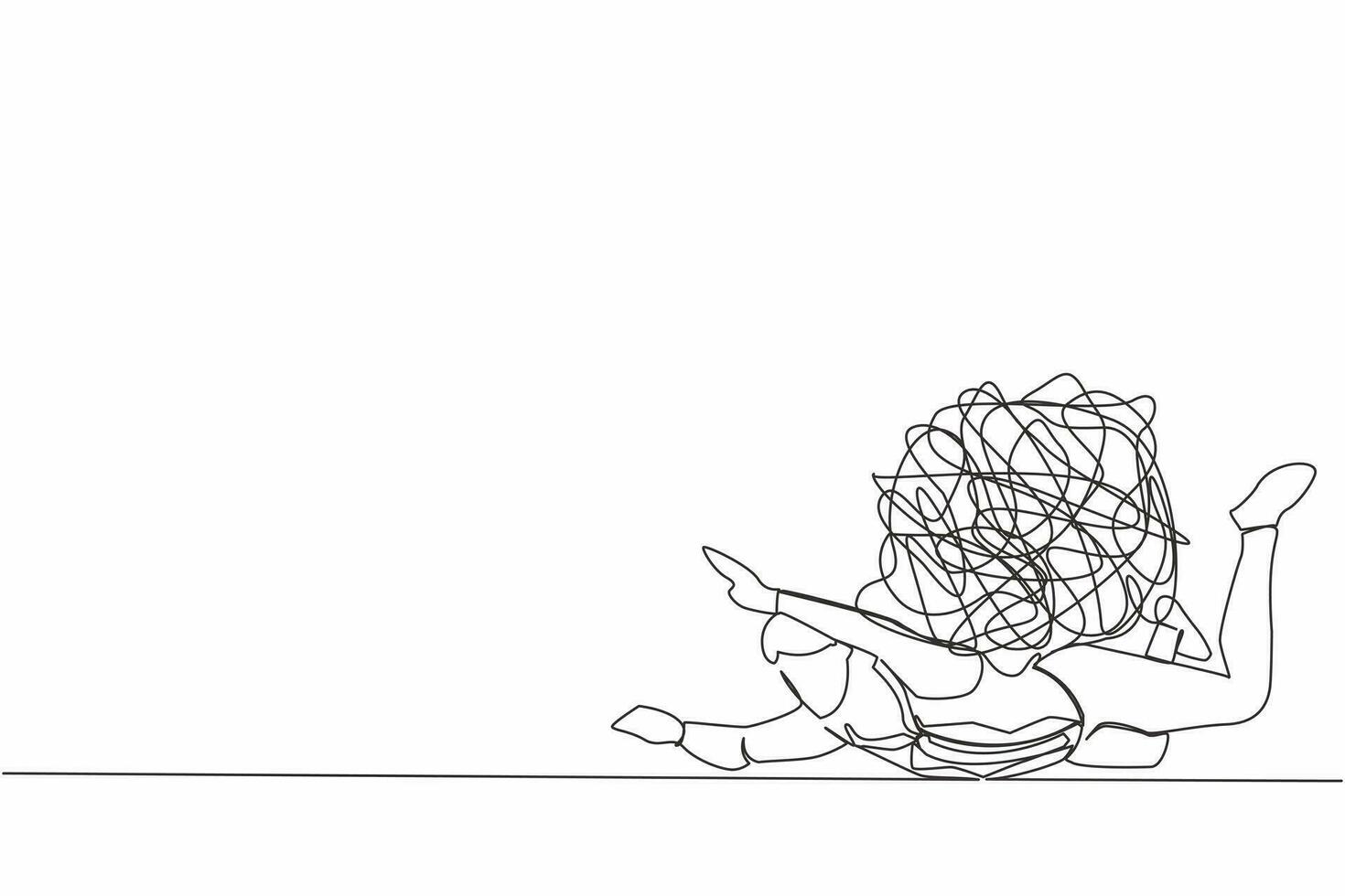 Single continuous line drawing depressed businessman under heavy messy line burden. Stress burden, anxiety from work difficulty, overload, economic crisis problem. One line design vector illustration