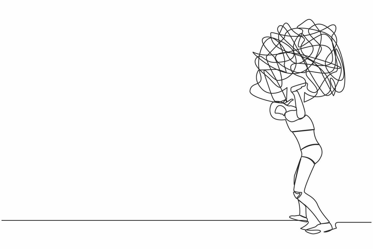 Single continuous line drawing tired robot carrying heavy messy line on his back. Anxiety from work, overload, economic crisis problem. Technology development. One line draw design vector illustration