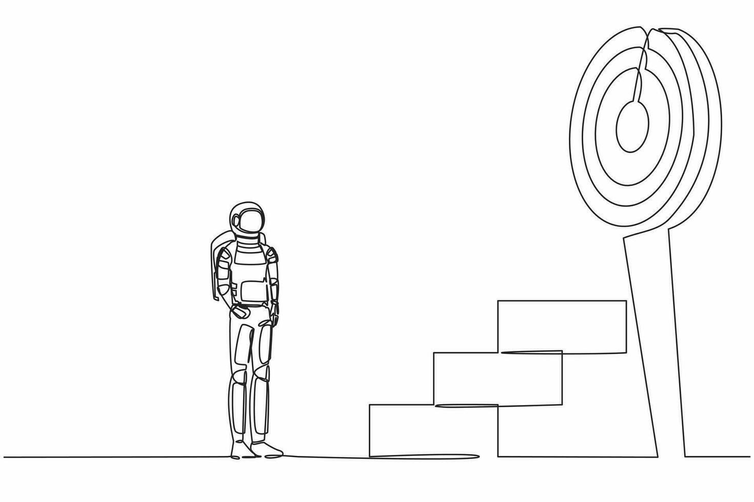 Single one line drawing astronaut standing in front of stairway to high target. Spacecraft business industry growth and path to success. Cosmic galaxy space. Continuous line design vector illustration