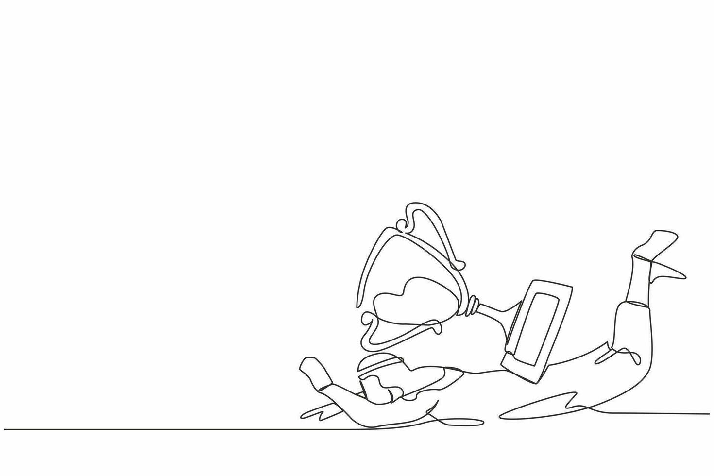 Single continuous line drawing Arabian businessman under heavy trophy burden. Young male worker fail to achieve goals. Delayed career path at office. One line draw graphic design vector illustration