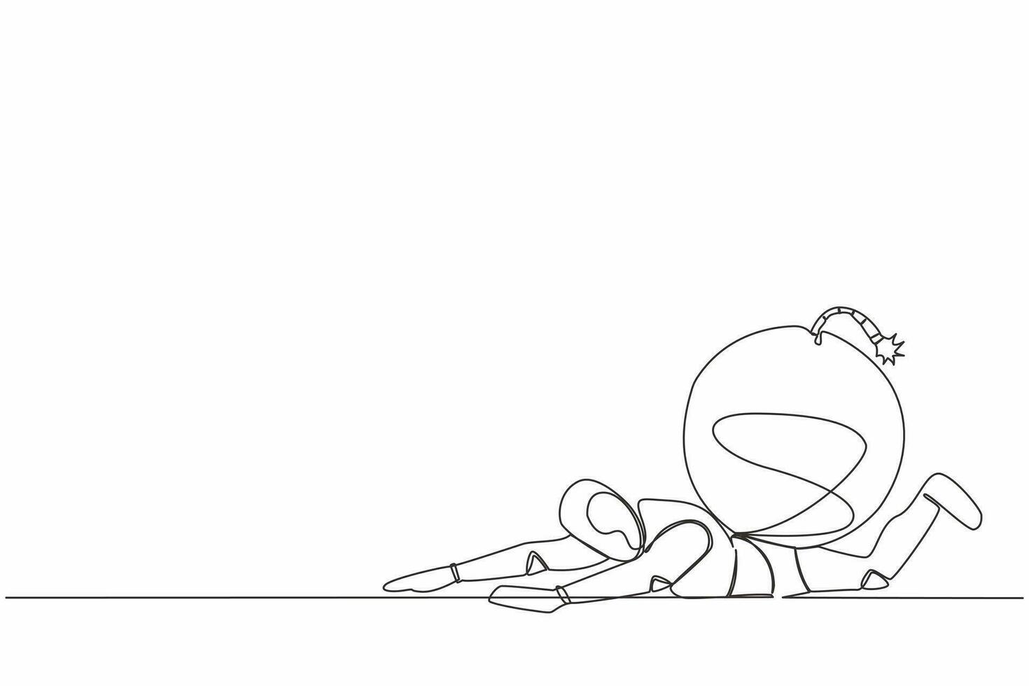 Single continuous line drawing stress robot under heavy bomb burden. Robot in debt explosion. Financial crisis problem. Future technology development. One line draw graphic design vector illustration
