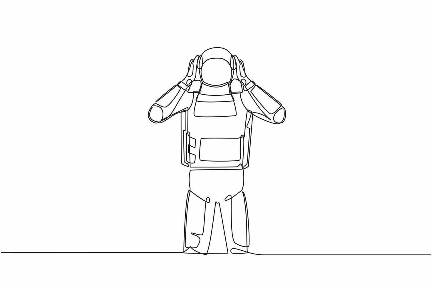 Continuous one line drawing young astronaut standing with covering ears with hands, making don't hear or listen gesture. Cosmonaut outer space concept. Single line graphic design vector illustration